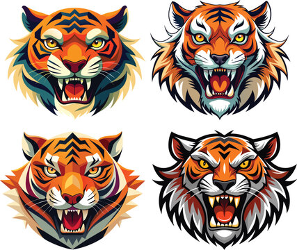 set of tiger heads, set of tiger head tattoo.