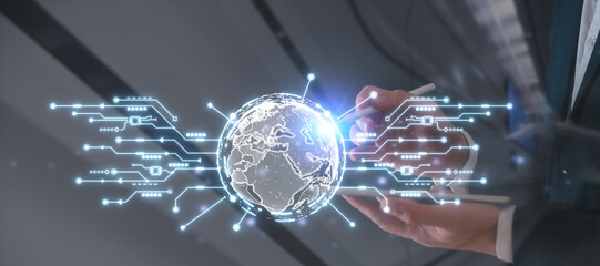 Global network connection Big data analytics and business intelligence concept. Digital link tech businessman holding virtual glob with blurred background