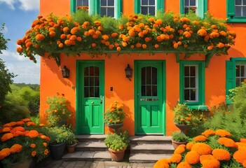 Orange house with green door - obrazy, fototapety, plakaty