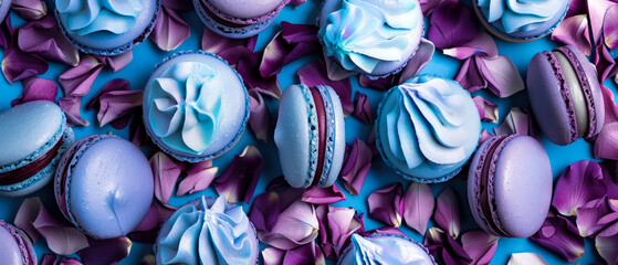 Purple macarons on blue, ultra violet  petals, flowers. Spring floral mockup. Flat lay.  Generative ai