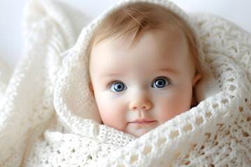 Closeup portrait of cute newborn baby isolated on white background