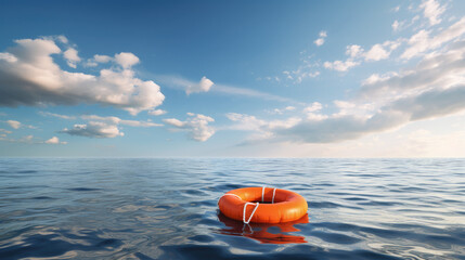An orange lifebuoy floats on the open sea, symbolizing safety and hope under the vast sky
 - obrazy, fototapety, plakaty