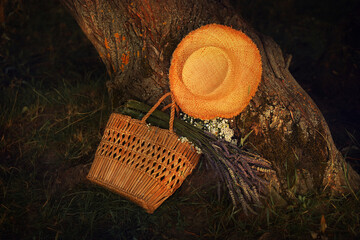 Straw hat, bag and lavender.