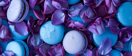 Poster Purple macarons on blue, ultra violet  petals, flowers. Spring floral mockup. Flat lay.  Generative ai © Inai