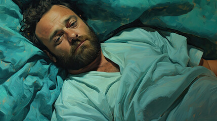 An overhead view of a man lying in bed, covered with a turquoise blanket, resting his head on matching pillows and showing a wide, sincere smile