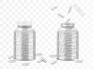 Jars with medical pills or capsules, isolated on transparent background. Medical bottles with drugs, glass or plastic container with open and closed lid. Vector 3d realistic illustration, mockup.