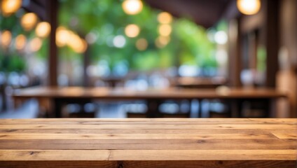 Fototapeta na wymiar Empty wooden table and Coffee shop blur background with bokeh image
