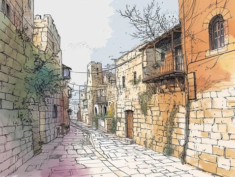 Generative AI image of Jerusalem hand drawn, tranquil, downtown