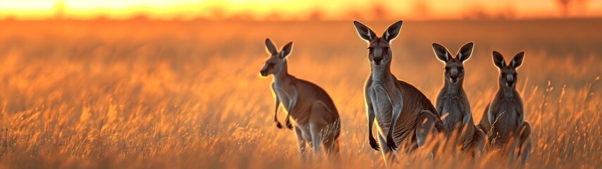 Generative AI image of kangaroo group at the steppe with sunset