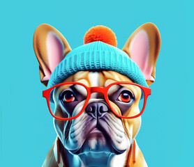 Funny portrait of french bulldog in red–rimmed glasses and blue knitted hat, close-up, on blue background.
