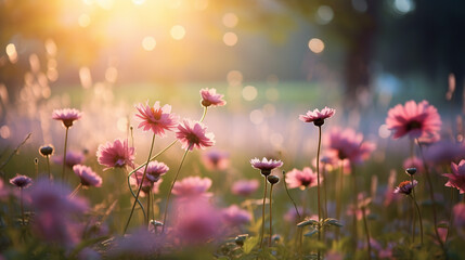 Beautiful pink cosmos flower blooming in the field in sunset.