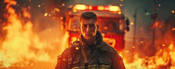 Fireman standing in front of a fire background.