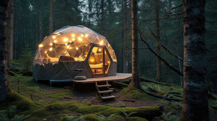 campsite geodesic glamping bubble dome with leds in the forest
