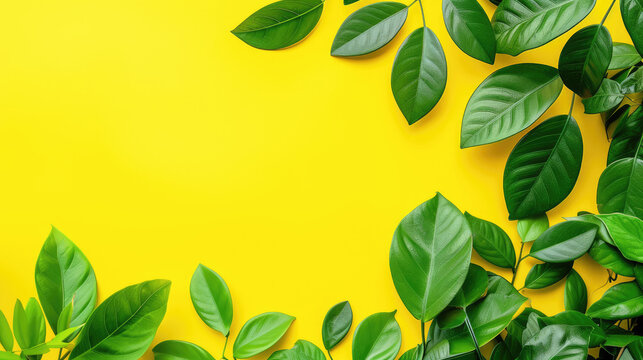 Fresh Green Leaves on Vibrant Yellow Background for a Lively Nature Concept