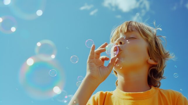 Innocent Child Blowing Bubbles with Pure Joy in the Bright Blue Sky AI Generated.