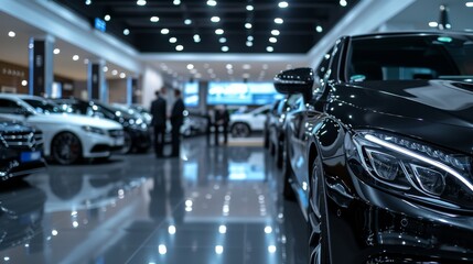 a luxury car dealership showroom salesman talk with potential buyers in background - obrazy, fototapety, plakaty