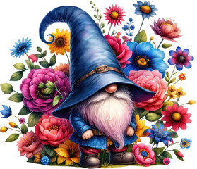 Mystical Blue-Hatted Gnome in a Lush Flower Garden.