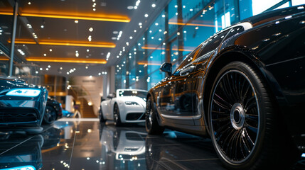 Luxury car showroom with dealership with super car in background - obrazy, fototapety, plakaty