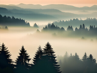 Obraz premium Vintage Retro Misty Landscape: Silhouettes of Dense Fir Trees Against Layered Hills - Nostalgic Scene in Retro Style
