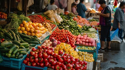 marketplace with vibrant fruits and vegetables on stalls Local farmers and customers background.
