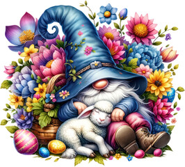 Fototapeta na wymiar Enchanted Gnome Cuddling with a Lamb in a Floral Paradise. In a floral blue hat, lovingly cuddling a peaceful lamb amidst a basket and vibrant flowers, with Easter eggs hidden in the scene.