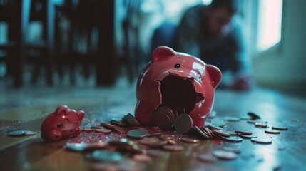 Broken Dreams piggy bank lying on the floor with coins and dollar bills financial loss