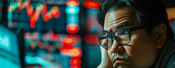 Trader in shock with red stock market graphs on screen