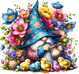 Fototapeta na wymiar Magical Gnome Watering Flowers Surrounded by Easter Chicks