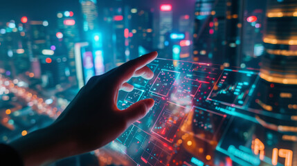 A Hand Controlling a Digital Trading Platform Projected on a Hologram Screen with a City Background. - obrazy, fototapety, plakaty