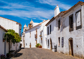 Stunning cobblestone alley with traditional white houses in Monsaraz, walled medieval village in Portuguese Alentejo region near the border with Spain
- 733119269