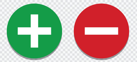 Obraz premium Set of plus & minus sign icons, buttons. Flat square positive & negative symbol stickers. Vector file.