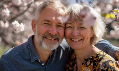 Happy senior retiree caucasian couple elderly man and woman on sunny spring day outdoors smiling at camera