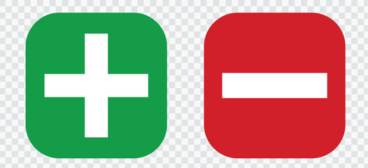 Fototapeta premium Set of plus & minus sign icons, buttons. Flat square positive & negative symbol stickers. Vector file.