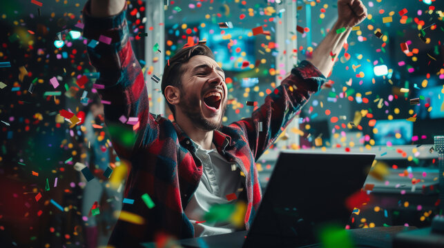 Stock market success with laptop and confetti - Powered by Adobe