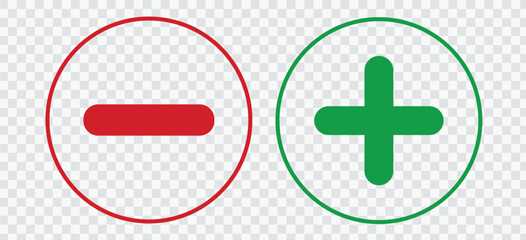 Obraz premium Set of plus & minus sign icons, buttons. Flat square positive & negative symbol stickers. Vector file.