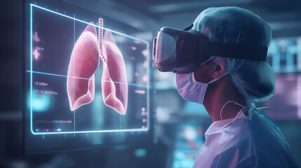 Surgeons Use Augmented Reality VR Glasses to Investigate Patient Lungs Status. Hospital Futuristic Digital Concept. Artificial Intelligence