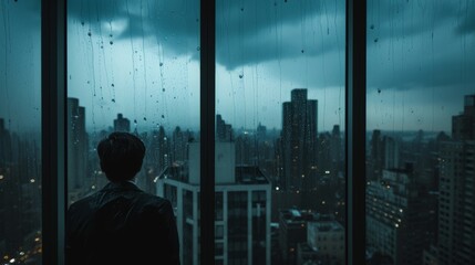 investor staring out of a window overlooking a city skyline with raindrops streaking down the glass