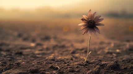 a lone flower blooming amidst a barren, rocky terrain with warm lighting - obrazy, fototapety, plakaty
