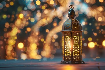 Luminous Ramadan Elegance: An Islamic lantern steals the spotlight, embraced by enchanting bokeh lights in the background. - obrazy, fototapety, plakaty