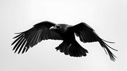 Majestic black raven in flight against a light sky. sinuous wings spread wide. symbol of mystery and intelligence. perfect for wildlife themes. AI