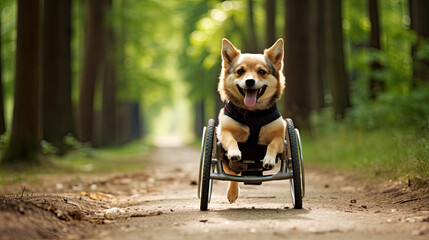 disabled dog in a wheelchair walks in the park and enjoys mobility
