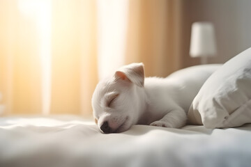 Adorable Newborn Puppy Sleeping. Little dog sleep on white plaid