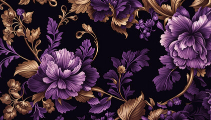 Seamless pattern with violet flowers on black background Vector illustration