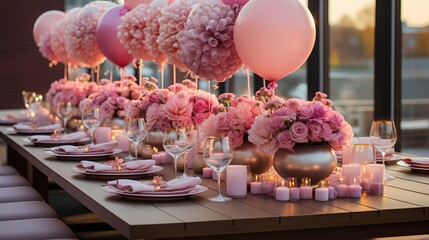A top-down view of a birthday party table adorned with balloon centerpieces, featuring elegant arrangements of flowers and ribbons, adding a sophisticated touch to the decor