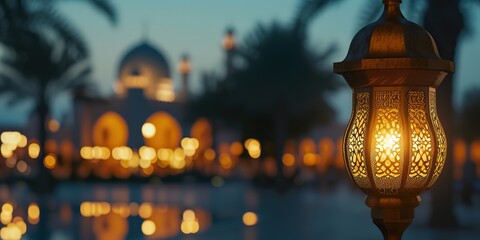 An enchanting composition of Eid Al Fitr and Adha, featuring a mesmerizing Islamic lantern. - obrazy, fototapety, plakaty
