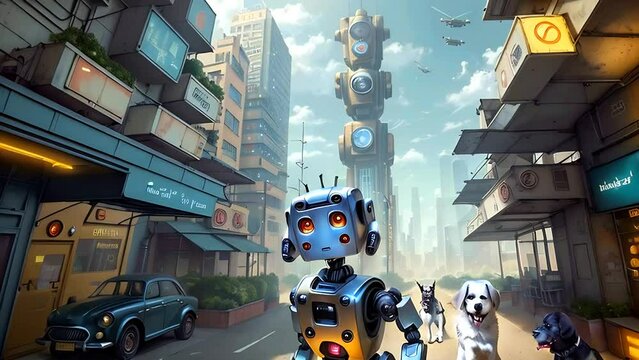 Futuristic dog, robot-transformer. Concept of futuristic city life, artificial intelligence, robotics in urban settings, modern technology