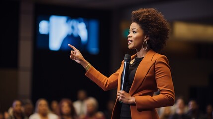 A beautiful black female motivational speaker makes an inspiring presentation on stage at a business conference in front of a large audience.