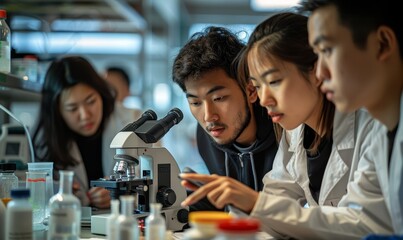 A team of scientists engaging in discussion over a microscope and digital tablets, surrounded by vials and scientific papers, capturing the collaborative effort in vaccine research and development