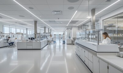 A modern laboratory filled with state-of-the-art equipment for vaccine production, researchers in lab coats meticulously working at their stations, emphasizing precision 
