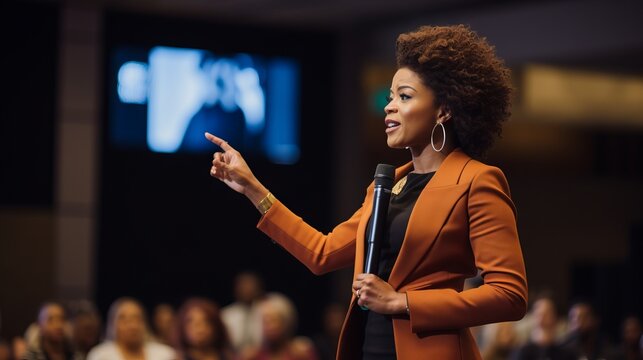 A beautiful black female motivational speaker makes an inspiring presentation on stage at a business conference in front of a large audience.